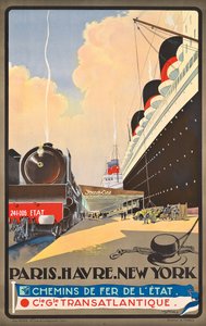 航运公司 Compagnie Generale Transatlantique 的旅游广告海报，约 1930 年（彩色石版画）
