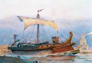 罗马帝国时期离开军火库的船只，阿尔伯特-塞比勒（1874-1953 年）创作的水彩画