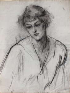 一个年轻女孩的半身画像，向前倾，c.1910（黑色粉笔在纸上） 作者 阿尔伯特·德·贝勒罗什