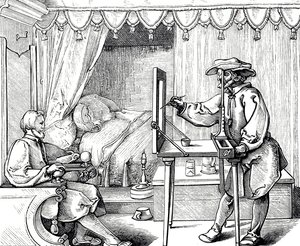 一幅木刻版画，描绘了一位艺术家使用绘画辅助工具来纠正肖像的比例。文艺复兴时期的德国画家、版画家和理论家阿尔布雷希特-丢勒（1471-1528）的雕刻作品。