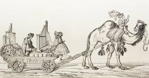风琴师保罗-霍法纳在骆驼拉的马车上演奏，约1880年（雕版画）。