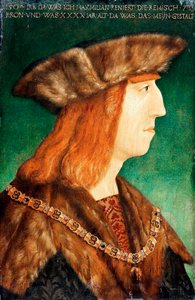 "哈布斯堡皇帝马克西米利安一世(1459-1519)的肖像，神圣罗马皇帝" 来自阿尔布雷希特-杜勒(1471-1528)工作室的绘画，1504年后 - 木板油画，54.6x36.1 - 柏林国家博物馆。 作者 阿尔布雷希特（Durrer或Duerer的追随者）