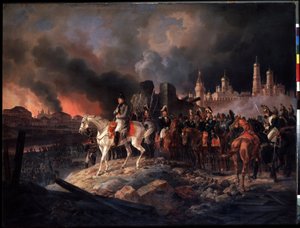 "1812 年 9 月 15 日莫斯科大火"，拿破仑一世的军队刚刚抵达，莫斯科总督罗斯托普钦伯爵就放火焚城。 拿破仑一世皇帝（1769-1821 年）在火光中的莫斯科前，右侧是克里姆林宫。Pein