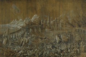 Landaknechten，桥上之战（纸上水粉笔墨）。 作者 阿尔布雷希特·阿尔特多夫（Albrecht Altdorfer）