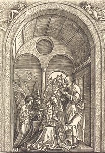 拱形大厅中的神圣家族与两位天使，约1504年。 作者 阿尔布雷希特丢勒