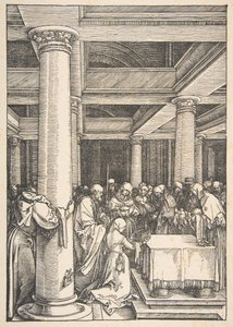 约在圣殿中的表演，摘自《处女的生活》。 1505。 作者 阿尔布雷希特丢勒