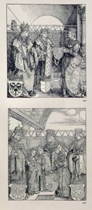 皇帝马克西米利安一世的凯旋门（1459-1519）：详细显示两个面板放置在左侧门户上方，描绘了马克西米利安皇帝生活中的事件。 151728 作者 阿尔布雷希特丢勒