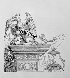 皇帝马克西米利安凯旋门德国1459-1519：拿着纸卷，酒吧的飞过的新来的人的细节。 151718木刻 作者 阿尔布雷希特丢勒