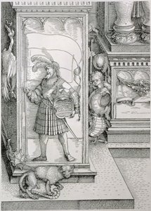 德国皇帝马克西米利安一世的凯旋门1459-1519：门柱柱底座的细节，上面刻有一个男性形象的雕刻浮雕，上面有一个标准和一个加冠的徽章，酒吧。 151718 woodc 作者 阿尔布雷希特丢勒