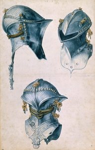角斗士头盔三视图，约1500年。 作者 阿尔布雷希特丢勒