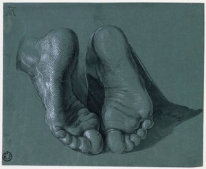 Etude de pieds - 两只脚的研究 - 阿尔布雷希特-杜勒（1471-1528 年）的素描，纸上水彩、白色、黑色粉笔，约 1508 年（17,6x21,6 厘米） - 鹿特丹博伊曼斯-范布宁根博物馆 作者 阿尔布雷希特丢勒