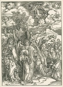 四位天使挡住狂风和被选中者的签名。圣约翰启示录》，约 1497-98 年（木刻） 作者 阿尔布雷希特·丢勒或丢勒