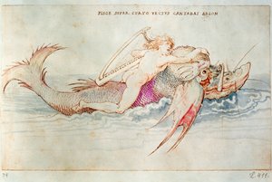 希腊诗人阿里翁骑着海豚，约 1515 年（纸面水彩画）