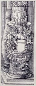 德国皇帝马克西米利安一世（1459-1519年）的凯旋门：中央的荣誉和权力之门的细节，左侧的柱础上点缀着树叶带和带翅膀的女狮鹫，日期为1515年，出版。1517/18（木刻）。 作者 阿尔布雷希特丢勒