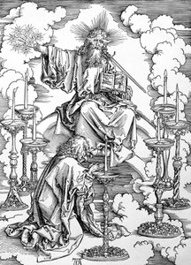 《启示录》或《圣约翰圣启示录》中的七个烛台视觉，酒吧。 1498（木刻） 作者 阿尔布雷希特丢勒
