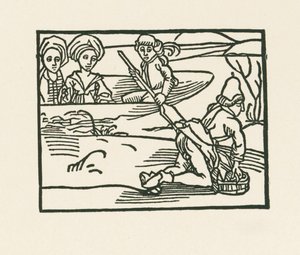 公爵夫人坐在小船上，牧师正在水上清洗内衣，约 1489-90 年（木刻版画） 作者 阿尔布雷希特·丢勒或丢勒