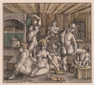阿尔布雷希特 (1471-1528) 杜勒 (Duerer) 创作的女性浴室。 木刻，水彩，c。 1500. 尺寸：21,8x23,9 厘米。 私人收藏 作者 阿尔布雷希特丢勒