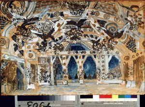 Decor pour la piece de theatre La Dame de la mer de Henrik (Henri) Johan Ibsen (1828-1906)（易卜生戏剧《海上夫人》的舞台设计）。Oeuvre de Alexander Yakovlevich Golovin (Alexandre Golovine) (1863-1930), 纸盒上的粉笔画 作者 亚历山大·雅科夫列维奇·戈洛文