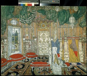 Decor preparatoire pour la piece de theatre Le mariage de Figaro de Pierre Augustin Caron de Beaumarchais (1732-1799)（P. de Beaumarchais 的戏剧作品《费加罗的婚礼》的舞台设计）。亚历山大-雅科夫列维奇-戈洛文的画作（亚历山大-戈洛文 作者 亚历山大·雅科夫列维奇·戈洛文