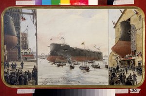Pamiat Azova 号战列巡洋舰下水。亚历山大-卡尔洛维奇-别格罗夫（1841-1914 年）的画作。纸面水彩和墨水，33 x 60 厘米