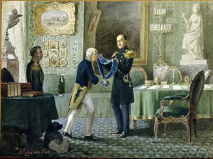 俄罗斯皇帝尼古拉一世（1796-1855 年）向米哈伊尔-斯佩兰斯基伯爵（1772-1839 年）授予圣安德鲁蓝丝带勋章。(尼古拉一世皇帝向米哈伊尔-斯佩兰斯基伯爵授予圣安德鲁蓝丝带勋章）。阿列克谢-达尼洛维奇的作品