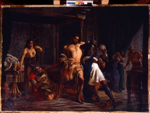 参孙与大利拉》（Samson et dalila）。圣经》中的英雄在房间里遭到非利士士兵的袭击，他们试图用绳子捆住他的头发，而他头发的一部分则被一把剪刀剪在地上。 在参孙身后，大利拉手里拿着一把剪刀。