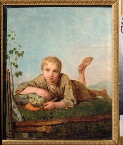 叼着烟斗的牧羊少年--阿列克谢-加夫里洛维奇-维内齐亚诺夫（1780-1847 年）的绘画，布面油画，约 1820 年，俄罗斯艺术 作者 Aleksei Gavrilovich Venetsianov