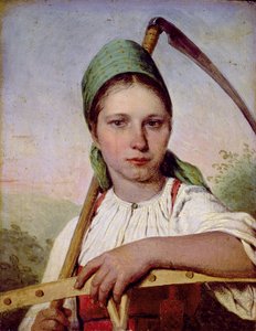 一把镰刀和耙子的农民妇女，约1825年（面板上的油）
