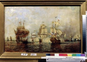 大北方战争（1700-1721 年）：1719 年 6 月 4 日第一次俄瑞奥塞岛海战。由阿列克谢-彼得洛维奇-博戈柳博夫（博戈柳博夫或博戈柳乌博夫）（1824-1896 年）绘制。油画