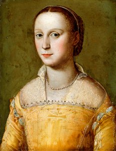 Eleanora d“ Este的肖像，半身，穿着金色连衣裙， 作者 亚历山德罗·阿洛里（Alessandro Allori）