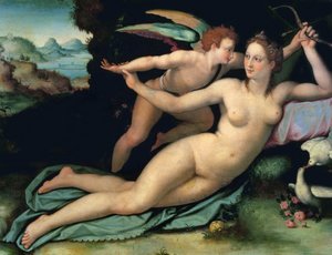 亚历山德罗 (1535-1607) 的阿洛里 (Allori) 的《维纳斯和阿莫尔 (Venus and Amor)》。 木版油画，尺寸：29x38。 乌菲兹美术馆，佛罗伦萨