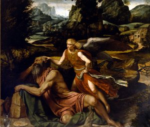 以利亚睡着了被天使拉直 绘画 亚历山德罗·邦维西诺 dit il Moretto (1498-1554) 16 世纪布雷西亚，圣乔瓦尼·伊万格利斯塔教堂 作者 亚历山德罗·邦维奇诺·莫雷托