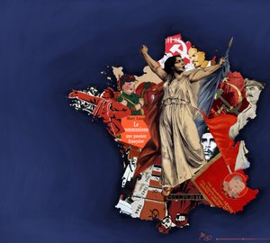 共产主义拼贴背景下的玛丽安娜。法国共产主义的寓言。2010 年 亚历山德罗-洛纳蒂创作的彩色绘画。 作者 亚历山德罗·洛纳蒂