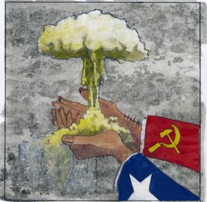 冷战的寓意表现--美国和苏联的双手紧握原子云 插图：Alessandro Lonati