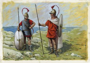 古希腊：tureophoros 雇佣兵（Thureophoros 或 Threophoroi）（公元前 3 世纪至 1 世纪）（右）和 Thorakites（Thorakitai）（左）。 亚历山德罗·洛纳蒂绘画 作者 亚历山德罗·洛纳蒂