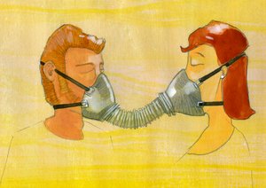 期待、污染：一对夫妇共用同一个防毒面具 插图：Alessandro Lonati 作者 亚历山德罗·洛纳蒂