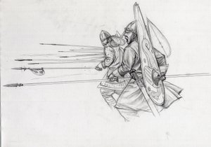 1066 年黑斯廷斯战役中诺曼步兵战士的冲锋。由亚历山德罗-洛纳蒂绘制。 作者 亚历山德罗·洛纳蒂