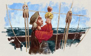 Christopher Columbus calculating the route with an astrolabe (illustration) 作者 亚历山德罗·洛纳蒂