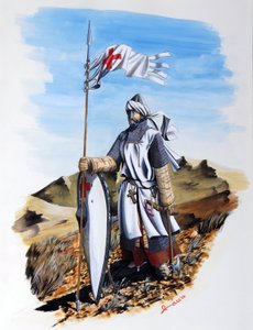 十字军东征：圣殿骑士团的一名骑士身穿印有红十字的白衣。亚历山德罗-洛纳蒂插图 作者 亚历山德罗·洛纳蒂