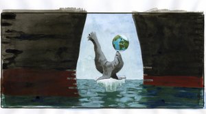生态学与气候变暖：正在融化的冰层，一只海豹用它的鼻子和地球玩耍，它停在冰山的最后一点尖端；在它的周围，油轮的船体威胁着它--寓意代表着处于平衡状态的地球（生态学、全球预警、海洋）。 作者 亚历山德罗·洛纳蒂