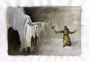 手持十字架的僧侣和鬼魂之间的争斗 插图：Alessandro Lonati 作者 亚历山德罗·洛纳蒂