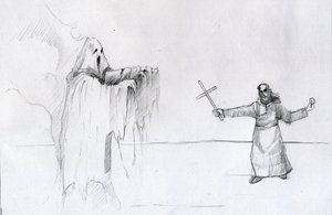 手持十字架的僧侣和鬼魂之间的争斗 插图：Alessandro Lonati 作者 亚历山德罗·洛纳蒂