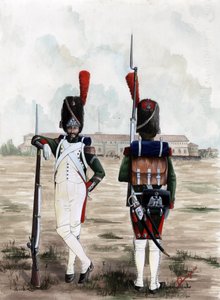 第一帝国（1804-1814和1815）：意大利米兰斯福尔扎城堡广场上的拿破仑皇家卫队掷弹兵。 亚历山德罗·洛纳蒂绘画 作者 亚历山德罗·洛纳蒂
