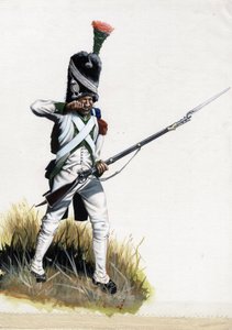 第一帝国（1804-1814 和 1815）：意大利拿破仑大军的精锐士兵正在打开弹药筒。 亚历山德罗·洛纳蒂绘画 作者 亚历山德罗·洛纳蒂