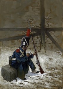 第一帝国：身穿外套的近卫掷弹兵坐在雪地里。 亚历山德罗·洛纳蒂绘画 作者 亚历山德罗·洛纳蒂