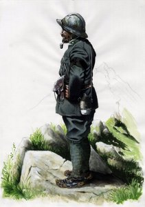 第一次世界大战 1914-1918 年：阿尔卑斯前线意大利军队的高山猎人军官（高山猎人）。 亚历山德罗·洛纳蒂绘画 作者 亚历山德罗·洛纳蒂