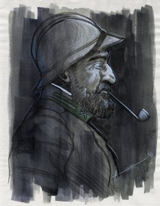 第一次世界大战 1914 年至 1918 年：1915 年意大利军队一名士兵抽烟斗的侧面肖像。亚历山德罗·洛纳蒂 (Alessandro Lonati) 绘图 作者 亚历山德罗·洛纳蒂