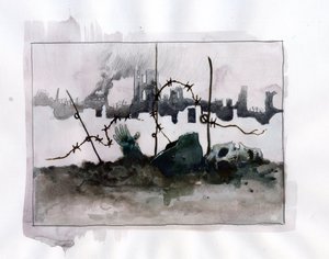 第一次世界大战：废墟背景下的骷髅头盔与胡须的战争寓言 亚历山德罗-洛纳蒂的彩色绘画 作者 亚历山德罗·洛纳蒂