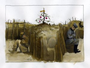 第一次世界大战：1914-1918 年圣诞节，战壕中两名敌军士兵--英国人（左）和德国人--的孤独插图 作者：Alessandro Lonati 作者 亚历山德罗·洛纳蒂