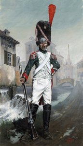 第一帝国（1804-1814 年和 1815 年）：米兰运河附近的意大利掷弹兵，背景是大教堂。亚历山德罗-洛纳蒂绘制 作者 亚历山德罗·洛纳蒂